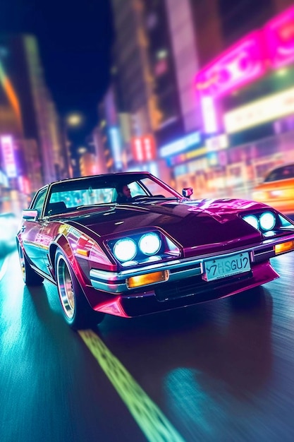 Retro Revival Klasyczny samochód na Tokyo Street obejmujący estetykę retrowave Generowany przez AI