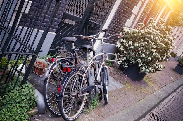 Retro rower z koszem stojący na ulicy amsterdamu