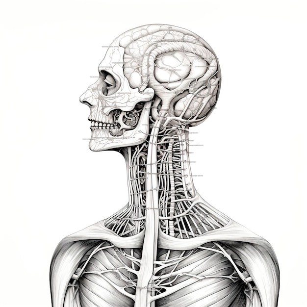 Retro rysunek układu nerwowego oferujący wgląd edukacyjny dla studentów, specjalistów medycznych, białe tło generowane za pomocą sztucznej inteligencji