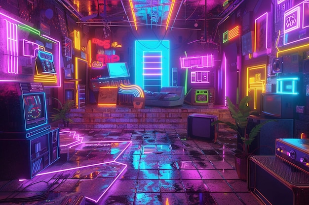 Retro s neon dekor akcenty oktanowe render k UHD