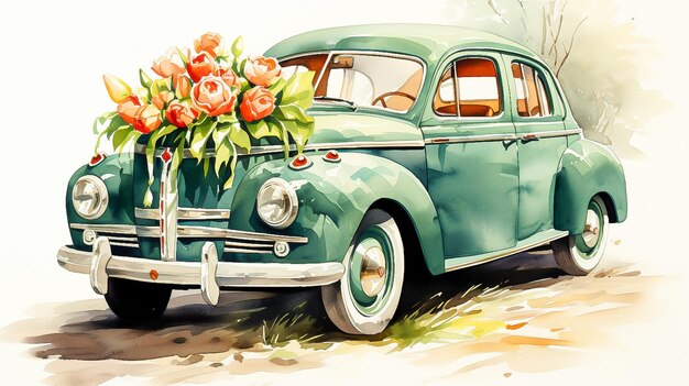 Zdjęcie retro samochód z tulipanami i prezentami 8 marca na ulicy wiosną rysunek akwarelowy