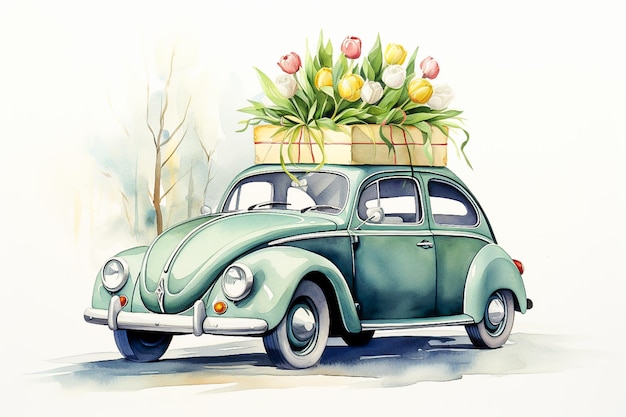 retro samochód z tulipanami i prezentami 8 marca na ulicy wiosną rysunek akwarelowy