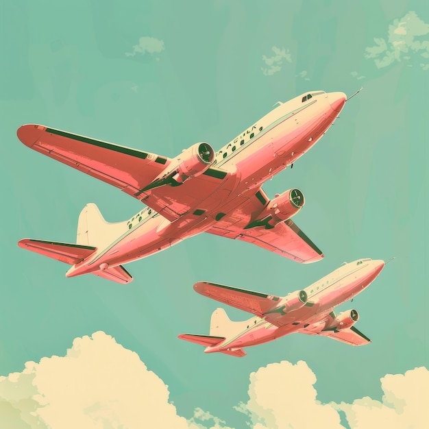 Zdjęcie retro samoloty w pastelowych kolorach latające na niebieskim niebie