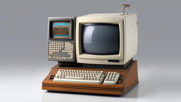 Retro stary komputer w szarym tle