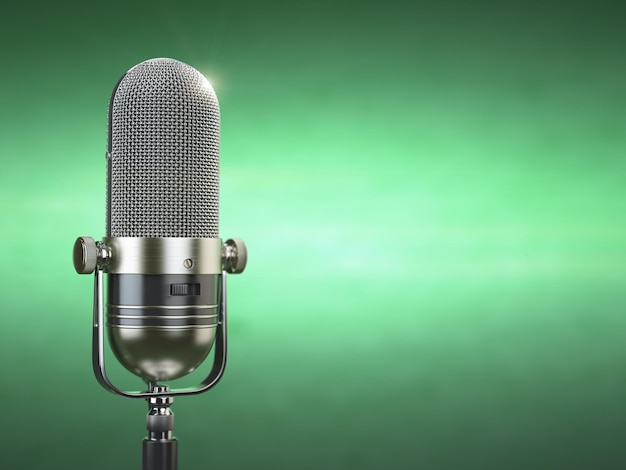 Retro stary mikrofon Program radiowy lub koncepcja podcastu audio Archiwalne mikrofon na zielonym tle