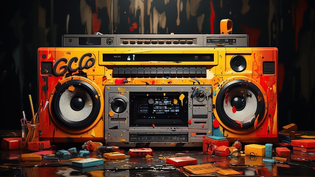 Retro stary projekt ghetto blaster boombox radio kaseta magnetofonowa z lat 80. w grungy graffiti