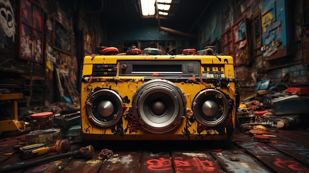 Retro stary projekt ghetto blaster boombox radio kaseta magnetofonowa z lat 80. w grungy graffiti