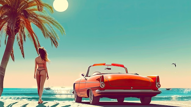 Retro Sunset Beach Scene z vintage samochodem i kobietą przy palmie
