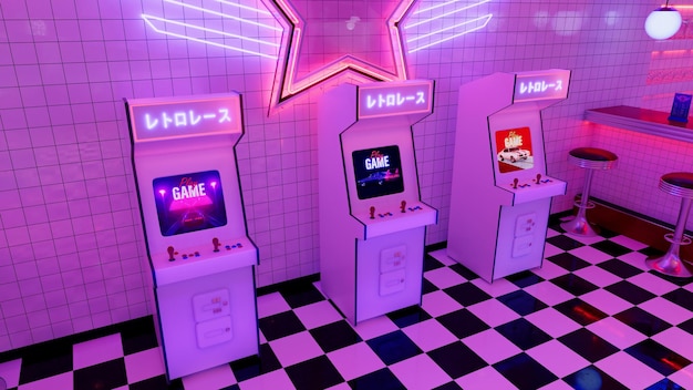 Retro świecące neonowe automaty arkadowe w restauracji 3D render ilustr