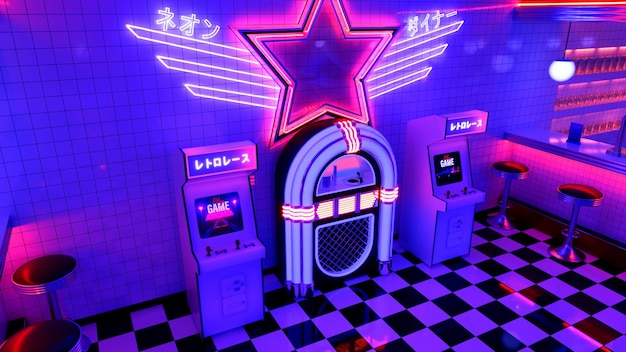 Zdjęcie retro świecące neonowe automaty zręcznościowe z szafą grającą w restauracji 3d renderują ilustrację