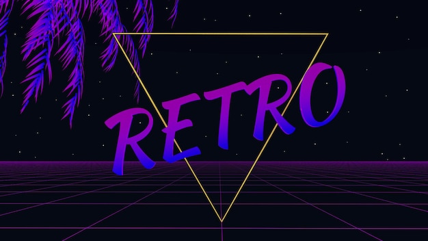 Retro synthwave tło 3d neonowa siatka tropikalna palma i retro napis na ciemnym nocnym tle Stylistyka gier komputerowych z lat 80. i muzyki elektronicznej Wysokiej jakości ilustracja 3d
