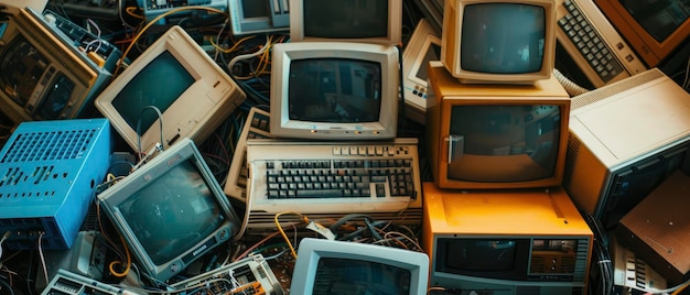 Retro Tech Relics: śmieci z lat osiemdziesiątych i dziewięćdziesiątych czekające na recykling, nostalgiczne przypomnienie o ewolucji technologicznej