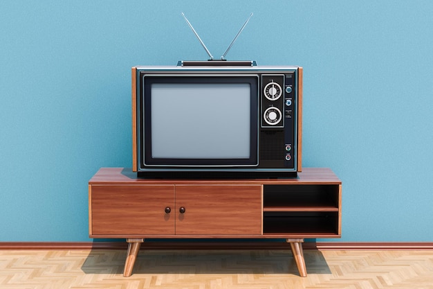 Retro telewizor na stojaku w pokoju na drewnianej podłodze 3D rendering