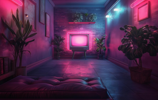 Retro telewizor pod neonowymi światłami kąpany w różowym i niebieskim gradiencie