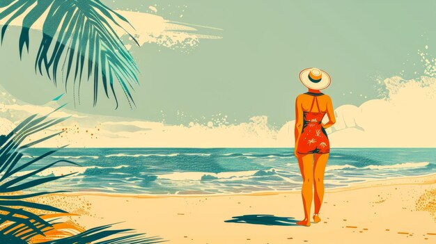 Retro vintage z lat siedemdziesiątych kobieta na plaży ilustracja z żywymi kolorami