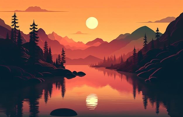 Retro zachód słońca oszałamiający krajobraz w górach minimalistyczny wektor ilustracja tapeta