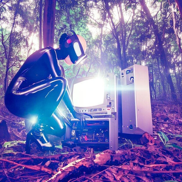 Retrofuturistyczna odzyskanie zagadkowy akt kobiety cyborga w lesie