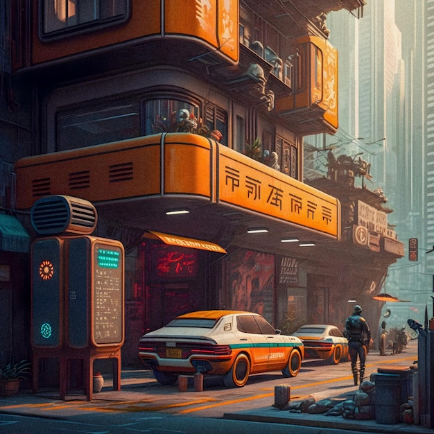 Retrofuturystyczne ulice miasta Hong Kong illustartion ziarnista tekstura