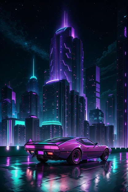 RETROWAVE Miasto luksusowy samochód szerokiego nadwozia zestaw autostrada fioletowe światła neonowe podłoga góra