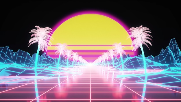 Retrowave tło ze słońcem i neonową siatką na terenie. renderowania 3D.