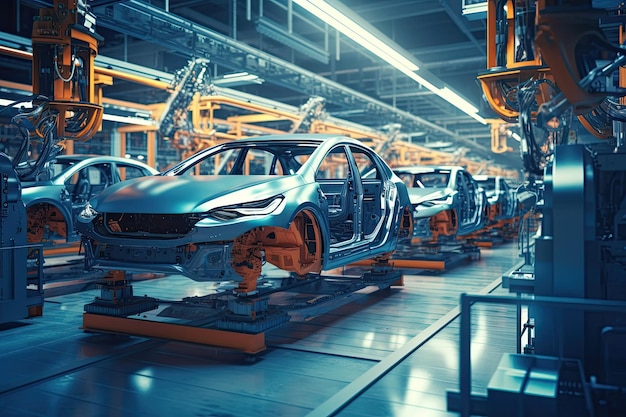 Zdjęcie rewolucja w przemyśle motoryzacyjnym zaawansowana fabryka montażu pojazdów wysokiej technologii z montażem