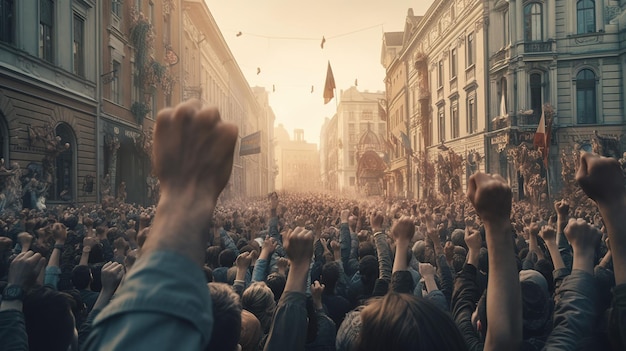 Rewolucyjne głosy protestujące tłum z podniesionymi pięściami na City Street Generative ai