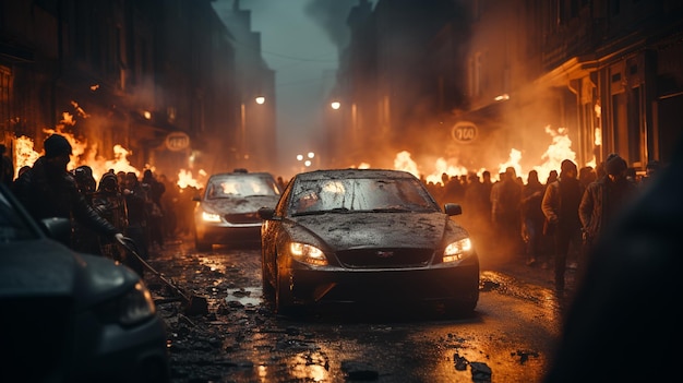 Zdjęcie rewolucyjne zamieszki i protesty palące budynki i samochody w mieście generative ai