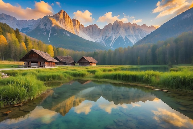 Rezerwat przyrody Zelenci krajnska gora Słowenia Europa Wspaniały poranny widok rezerwatu przyrody Zelnci Słowenia podróż