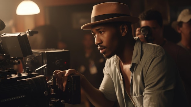 Zdjęcie reżyser teledysków mężczyzna afroamerykanin młody dorosły reżyseria i produkcja teledysków na planie filmowym generative ai aig22