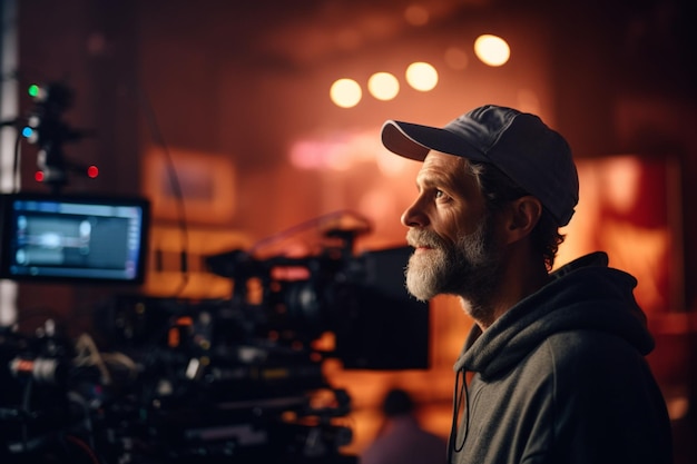 Zdjęcie reżyser wideo mówi na planie produkcji filmowej z generatywną sztuczną inteligencją