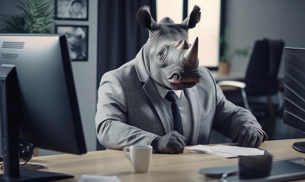 Zdjęcie rhinoceros pracuje pilnie w biurze, łącząc surrealizm z profesjonalną oprawą ai generative