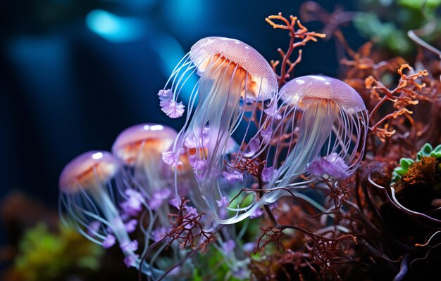 Rhizostoma pulmo czasami określana jako meduza beczkowa w akwarium z niebieskim światłem