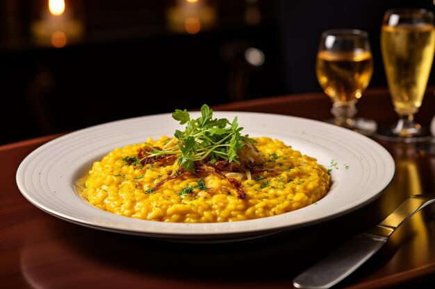 Risotto Milanese w świetle otoczenia w tętniącej życiem kawiarni w Mediolanie