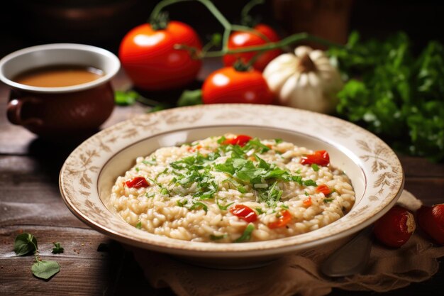 Risotto ozdobione pietruszką i pomidorami wiśniowymi