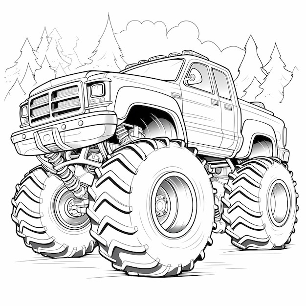 Zdjęcie roaring rides szczegółowe monster truck kolorowanie strona z bold cartoonstyle
