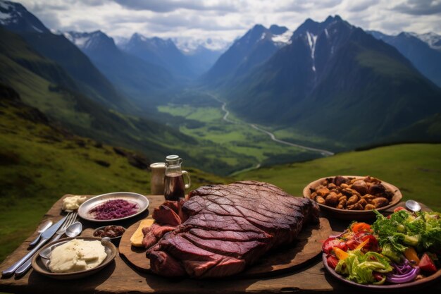 Zdjęcie roast beef w górskim krajobrazie