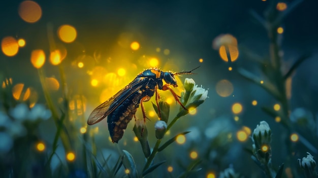 robak siedzi na szczycie rośliny na polu pokazując symbiotyczny związek między owadami a roślinnością w naturalnym otoczeniu