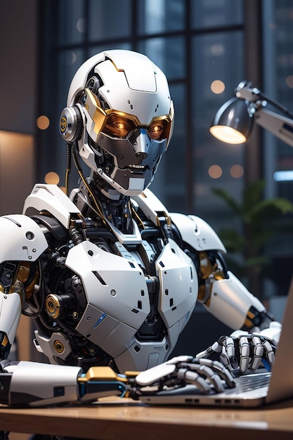 Robo doradca chatbot robotic concept robot palec wskazać na laptop przycisk generatywny ai
