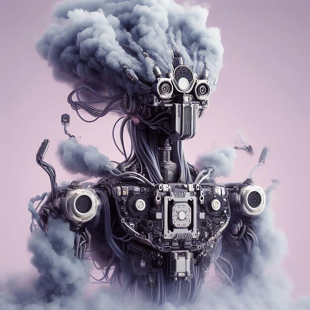 Zdjęcie robot 3d odtwarza dym na jasno fioletowym tle