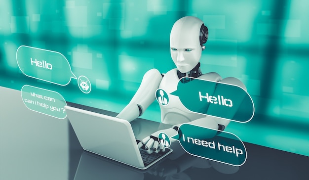 Zdjęcie robot ai wykorzystujący komputer do rozmowy z klientem. koncepcja chatbota