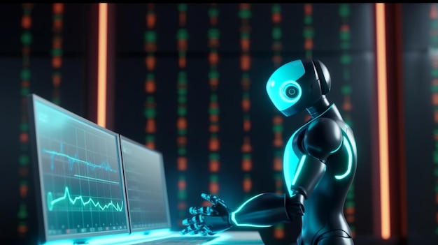 Robot analizujący wykres rynku akcji dla wzrostu biznesu i inwestycji w sztuczną inteligencję