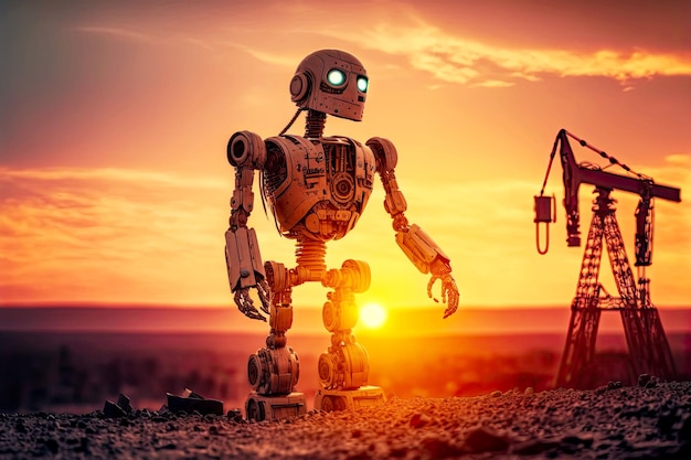 Robot Android pomaga w budowie i wykonuje trudną pracę na tle generatywnej sztucznej inteligencji o zachodzie słońca