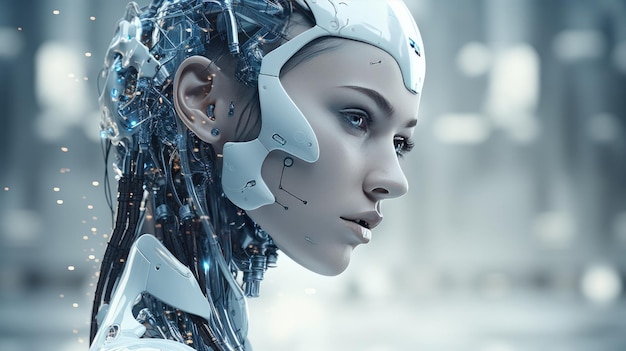 Robot białej kobiety ze sztuczną inteligencją Przyszłe technologie ludzkości