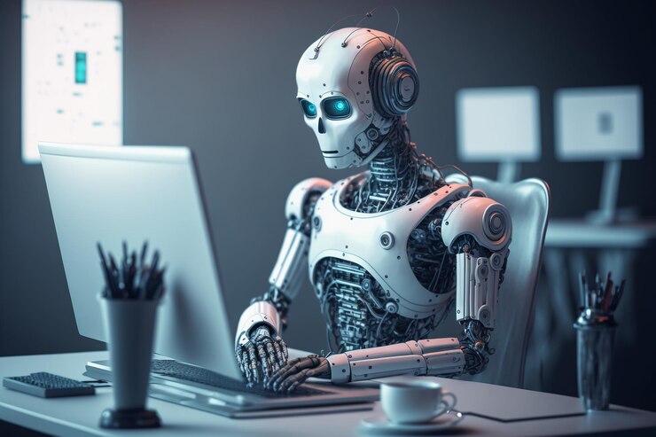 Robot chatbot AI siedzący przy biurku za pomocą komputera.