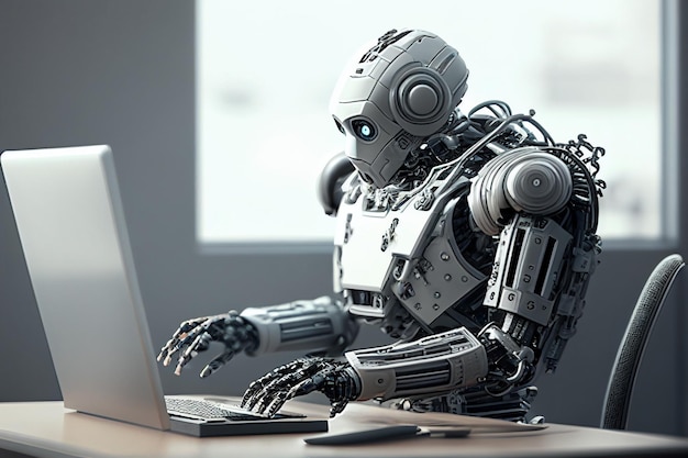 Robot chatbot z technologią sztucznej inteligencji pracujący nad uczeniem się laptopa i odpowiadaniem na pytania Generative ai