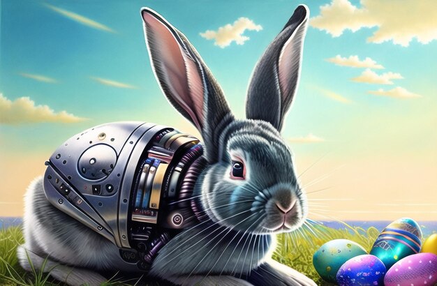 Robot Cute Easter Rabbit w tle krajobrazu Święto Wielkanocne AI Generated