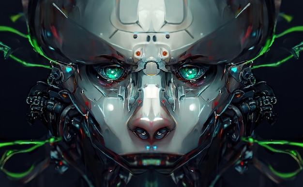 Zdjęcie robot cyborg humanoidalna twarz czaszka technologiczna głowa cyborga futurystyczny metaliczny science fiction mężczyzna fantastyczna ilustracja 3d