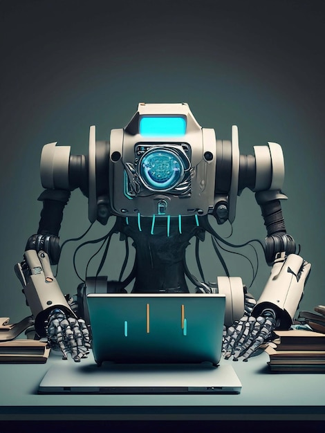 Robot cyborg pisze na klawiaturze laptopa Przyszłość sztucznej inteligencji