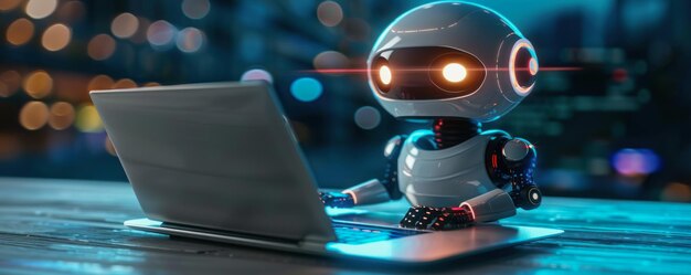 Robot cyfrowy używający laptopa AI chatbot automatyczna odpowiedź System sztuczna inteligencja internetowy bot