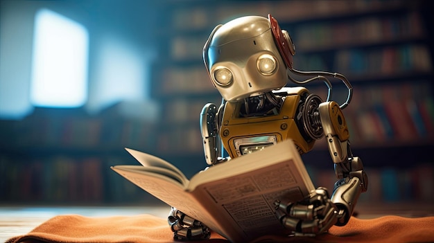 Robot czyta książkę w bibliotece.